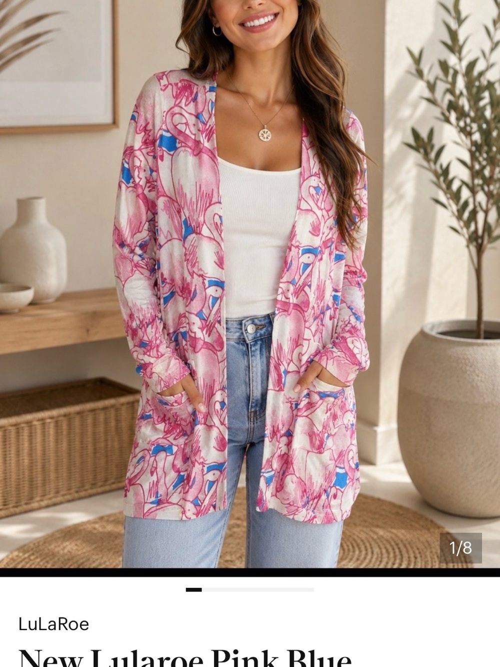 LuLaRoe Flamingo Print Cardigan in Pink & Aqua